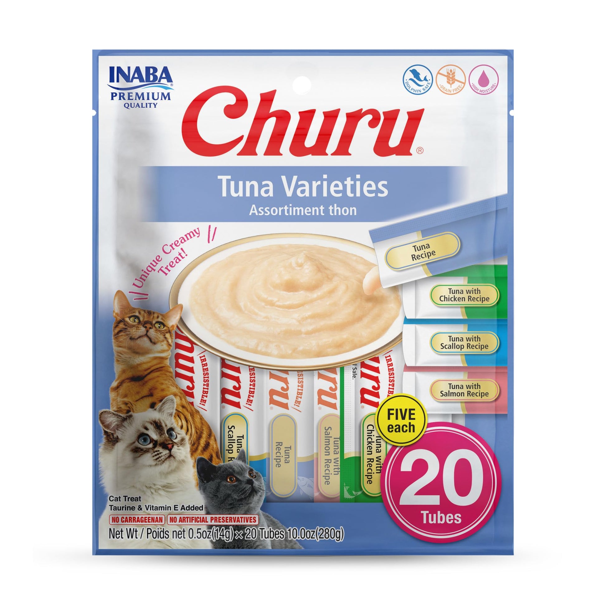 INABA Churu Cat Treats, Grain-Free, Lickable, Squeezable Creamy Purée Cat Treat/Topper with Vitamin E & Taurine, 0.5 Ounces Each Tube, 50 Tubes, Tuna & Chicken Variety