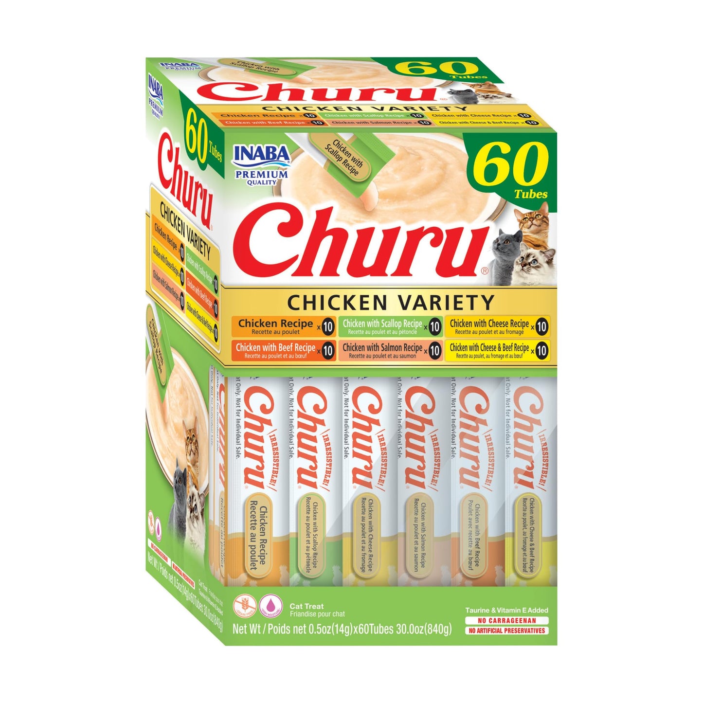 INABA Churu Cat Treats, Grain-Free, Lickable, Squeezable Creamy Purée Cat Treat/Topper with Vitamin E & Taurine, 0.5 Ounces Each Tube, 50 Tubes, Tuna & Chicken Variety